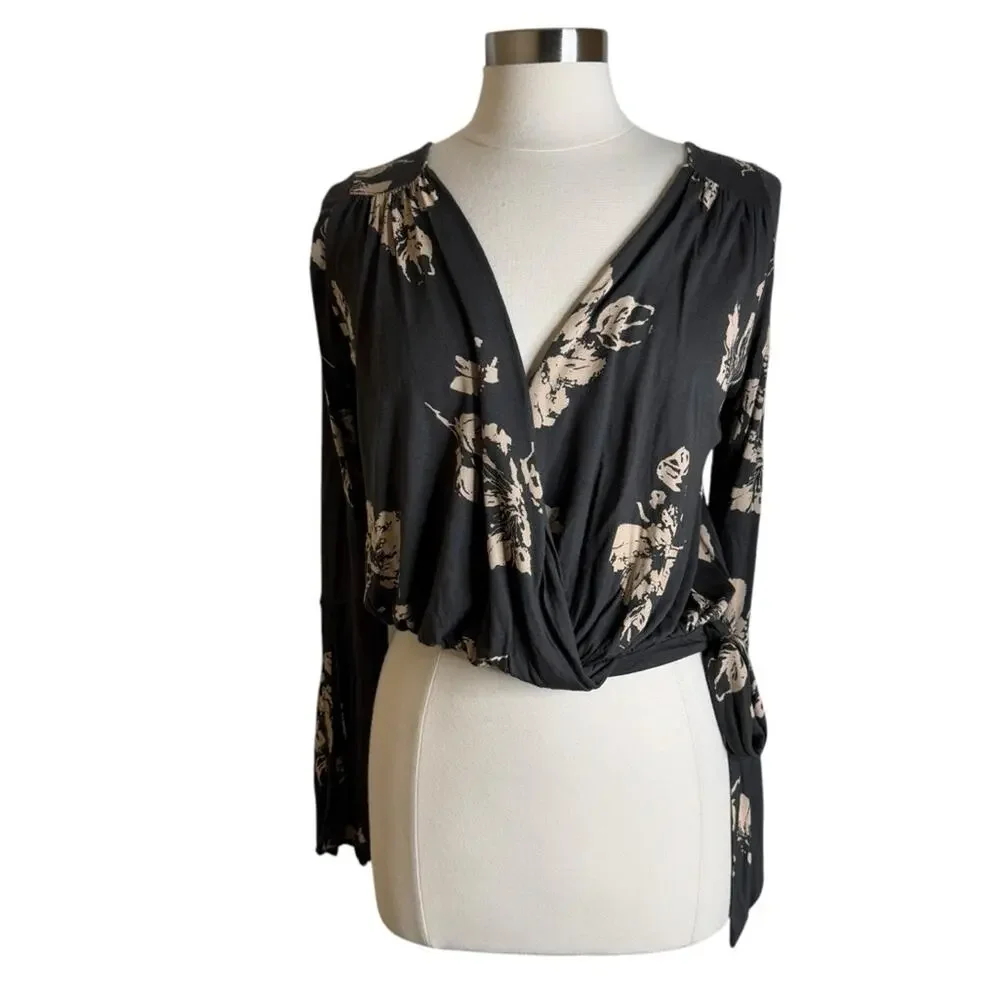 Free People Fiona Surplice Crop Top with Open Bell Sleeves Women's Size Small